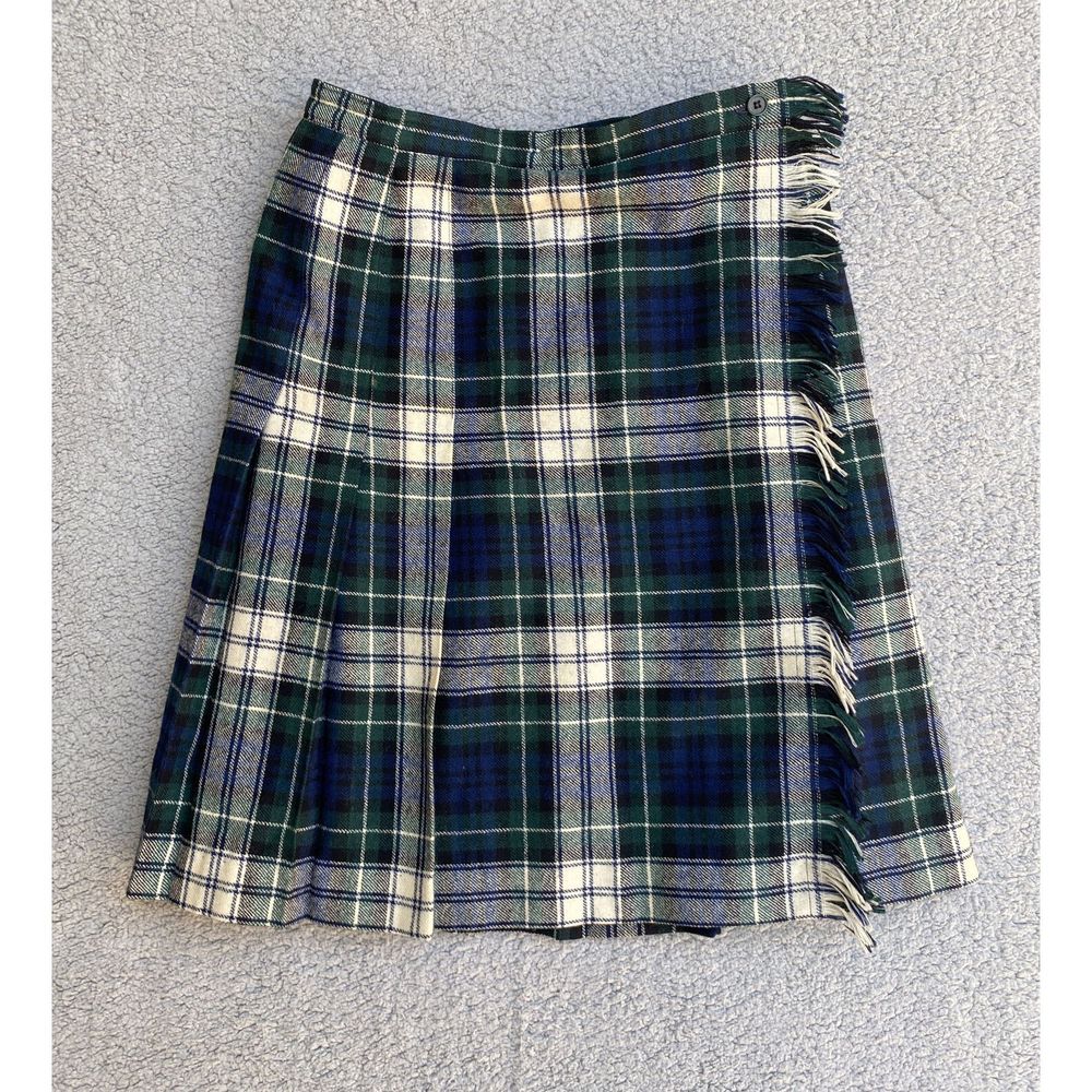VINTAGE Pendleton Green White Blue Tartan Plaid Wool Pleated Kilt Wrap Skirt 12
